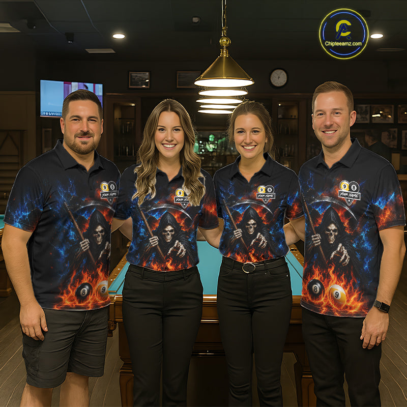 Custom 8 Ball & 9 Ball Fire Grim Reaper Billiard Shirt For Women, Pool Team Jersey Polo & 1/4 Zip TDM6562