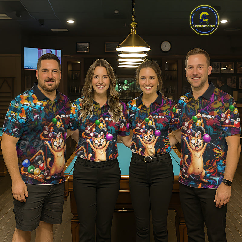 Colorful Billiard Jersey Custom Funny Cat Graffiti Billiard Polo & Quarter Zip Shirts For Men TDM6564