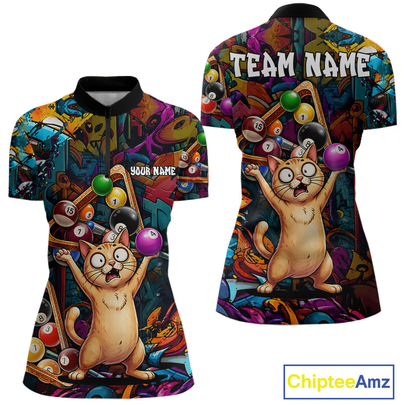 Colorful Billiard Jersey Custom Funny Cat Graffiti Billiard Polo & Quarter Zip Shirts For Women TDM6564