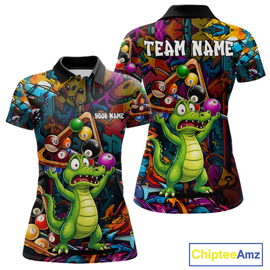 Colorful Billiard Jersey Custom Funny Dinosaur Graffiti Billiard Polo & Quarter Zip Shirts For Women TDM6566