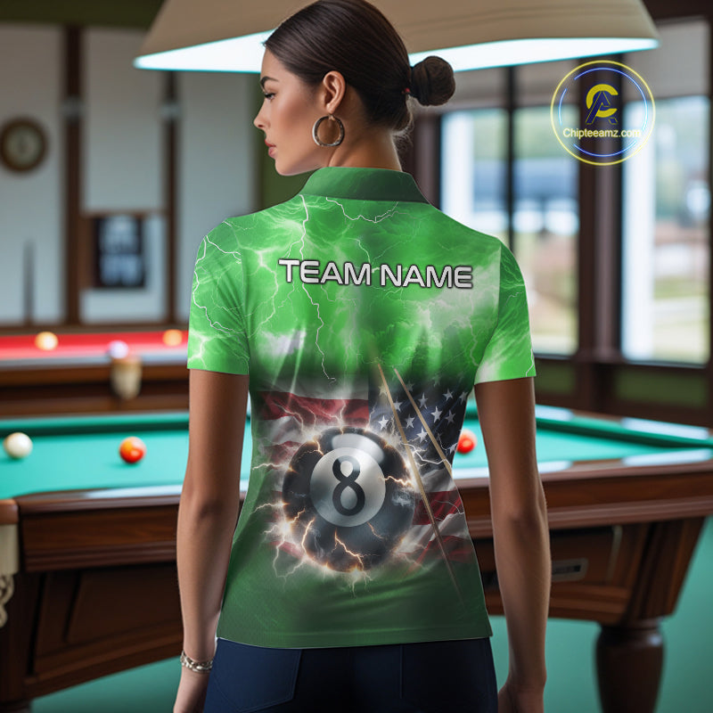 Green American Flag Thunder Lightning 8 Ball Billiard Shirt For Women Custom Pool Team Jersey TDM5265
