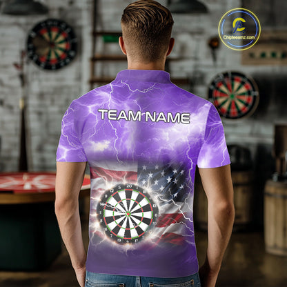 Purple American Flag Thunder Lightning Darts Shirt For Men Custom Darts Jersey Team Polo & 1/4 Zip TDM5269