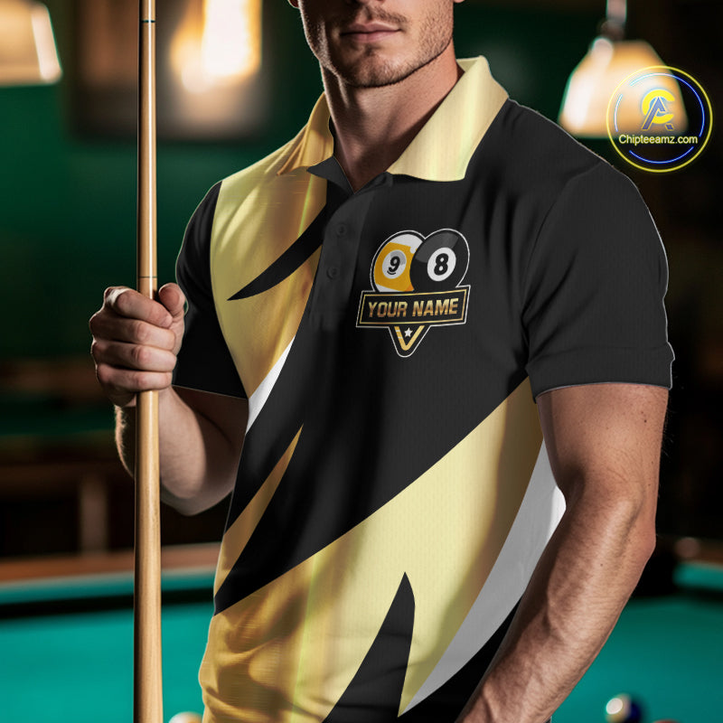 Personalized Billiard 8 Ball & 9 Ball Pool Polo, 1/4 Zip For Men Custom Team Billiard Jersey |Gold TDM6376