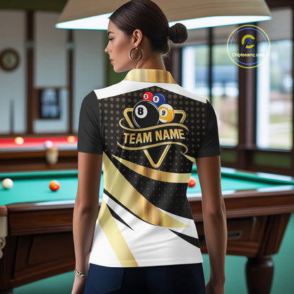 Personalized Billiard 8 Ball & 9 Ball Pool Polo, 1/4 Zip For Women Custom Team Billiard Jersey |Gold TDM6376