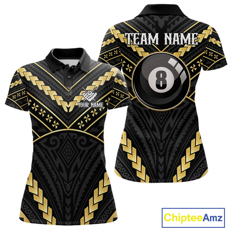 Black and gold 8 ball tribal billiard polo shirt for women with custom pool team graphics.