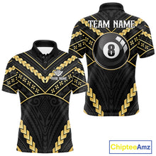 Load image into Gallery viewer, Black and gold 8 ball tribal billiard polo shirt for men with custom pool team graphics.
