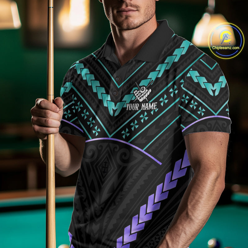 Man wearing a teal and purple 8 ball tribal billiard jersey beside a pool table front view.