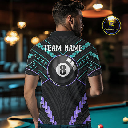 Back view of man wearing a teal and purple 8 ball tribal pool shirt in a billiards hall.