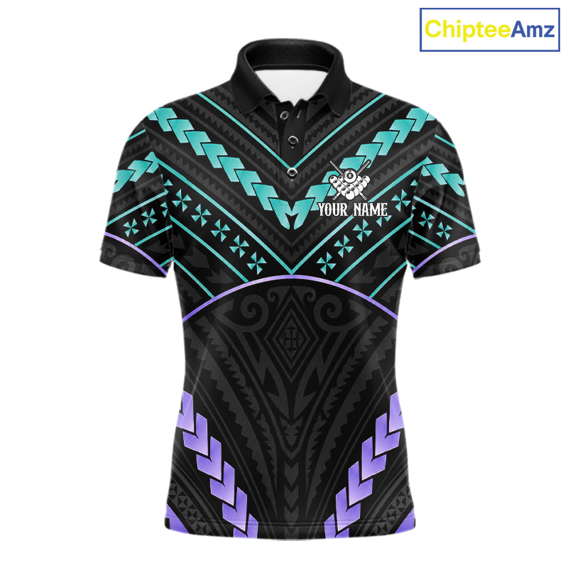 Teal and purple 8 ball tribal billiard polo shirt for men with custom pool team graphics.