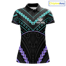 Load image into Gallery viewer, Teal and purple 8 ball tribal billiard polo shirt for women with custom pool team graphics.