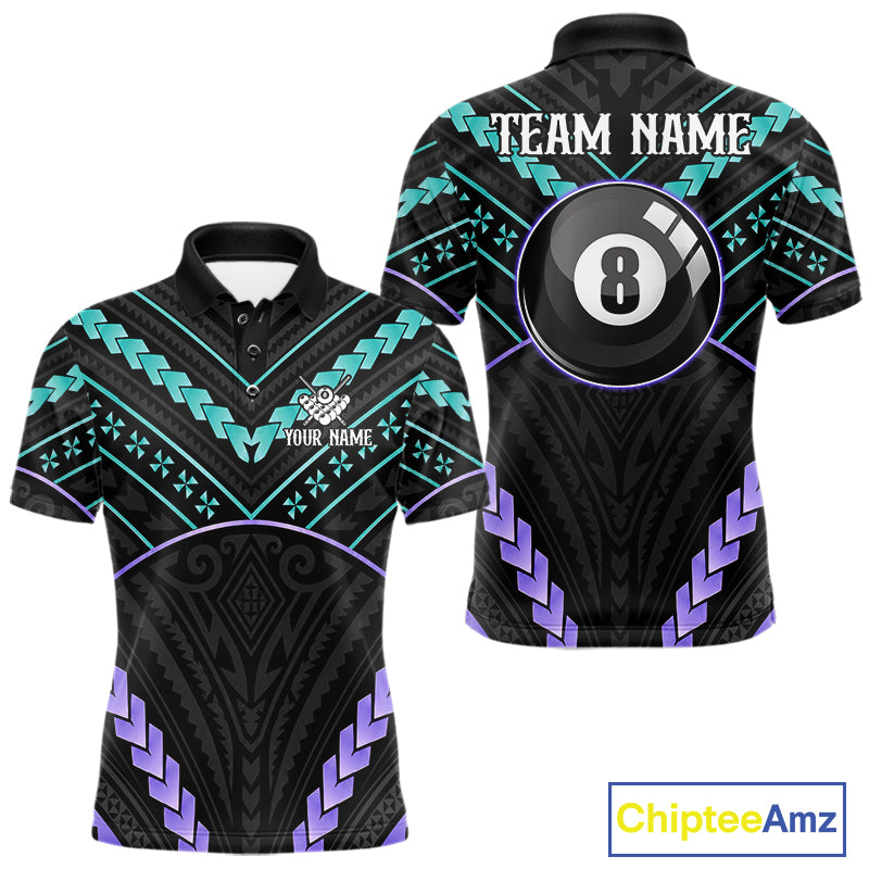 Teal and purple 8 ball tribal billiard polo shirt for men with custom pool team graphics.