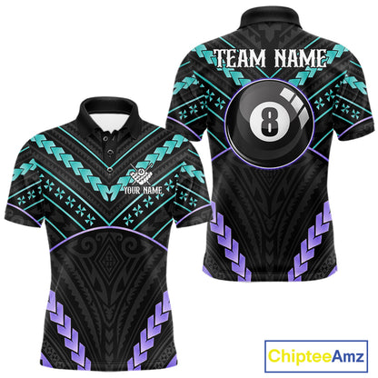 Teal and purple 8 ball tribal billiard polo shirt for men with custom pool team graphics.