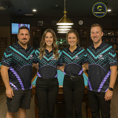 Pool team wearing matching teal and purple 8 ball tribal billiard jerseys during tournament competition front view.