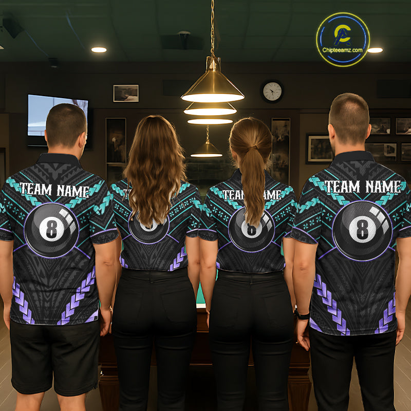Back view of pool players wearing matching teal and purple tribal billiard shirts in a game room.