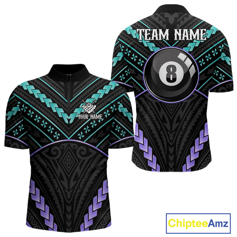 Teal and purple 8 ball tribal billiard quarter zip shirt for men designed for league tournaments and team events.
