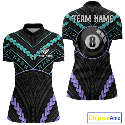 Teal and purple 8 ball tribal billiard quarter zip shirt for women designed for league tournaments and team events.