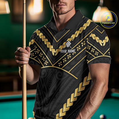 Man wearing a black and gold 9 ball tribal billiard jersey beside a pool table front view.