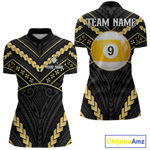 Load image into Gallery viewer, Black and gold 9 ball tribal billiard quarter zip shirt for women designed for league tournaments and team events.