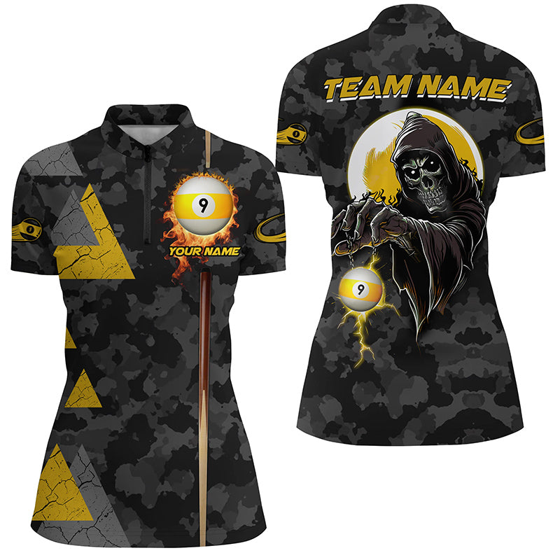 Funny Grim Reaper Ball 9 Fire Custom Camo Women Billiard Shirts, Best 9 Ball Pool Jerseys TDM2071
