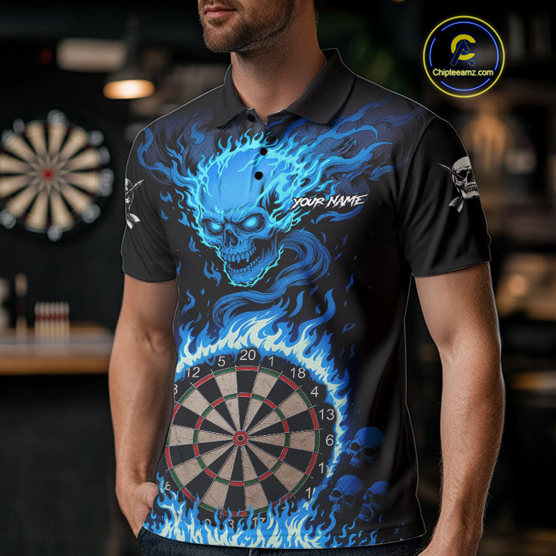 Blue Flaming Skull Darts Shirt For Men Custom Darts Jersey Team Polo & Quarter Zip TDM5054
