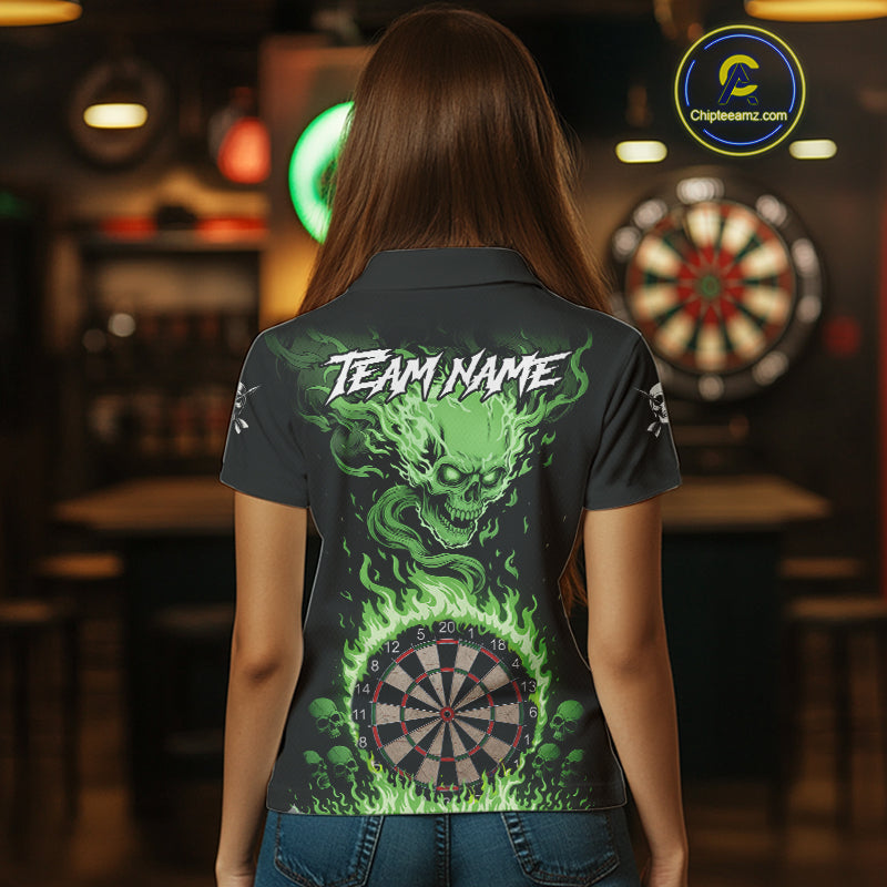 Green Flaming Skull Darts Shirt For Women Custom Darts Jersey Team Polo & Quarter Zip TDM5055