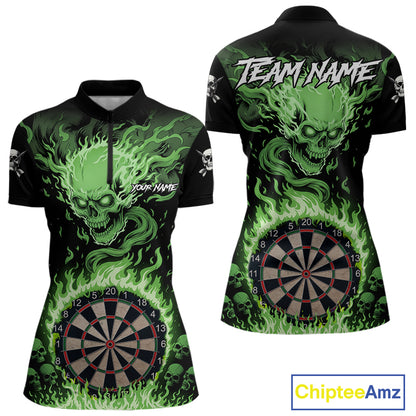 Green Flaming Skull Darts Shirt For Women Custom Darts Jersey Team Polo & Quarter Zip TDM5055