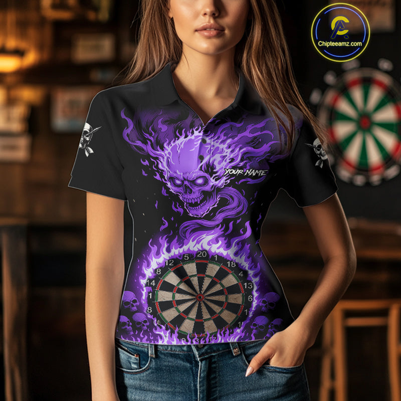 Purple Flaming Skull Darts Shirt For Women Custom Darts Jersey Team Polo & Quarter Zip TDM5056