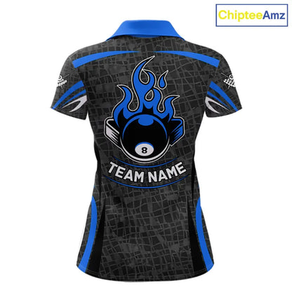 Black And Blue 8 Ball Flame Billiard Shirt For Women Custom Pool Team Shirt, Billiard Jersey TDM5791