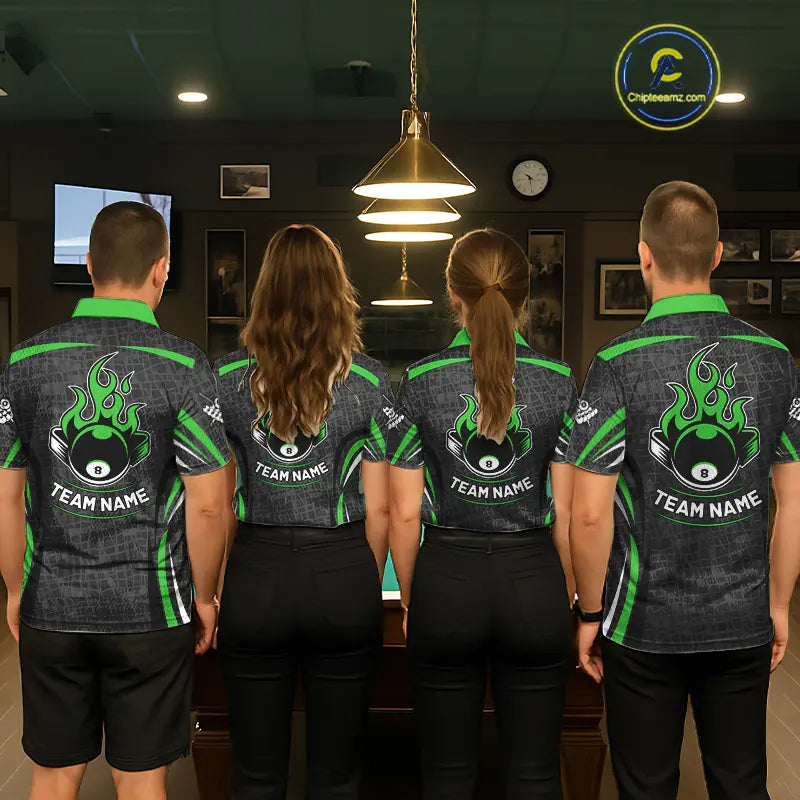 Black And Green 8 Ball Flame Billiard Shirt For Women Custom Pool Team Shirt, Billiard Jersey TDM5792