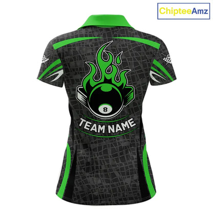 Black And Green 8 Ball Flame Billiard Shirt For Women Custom Pool Team Shirt, Billiard Jersey TDM5792