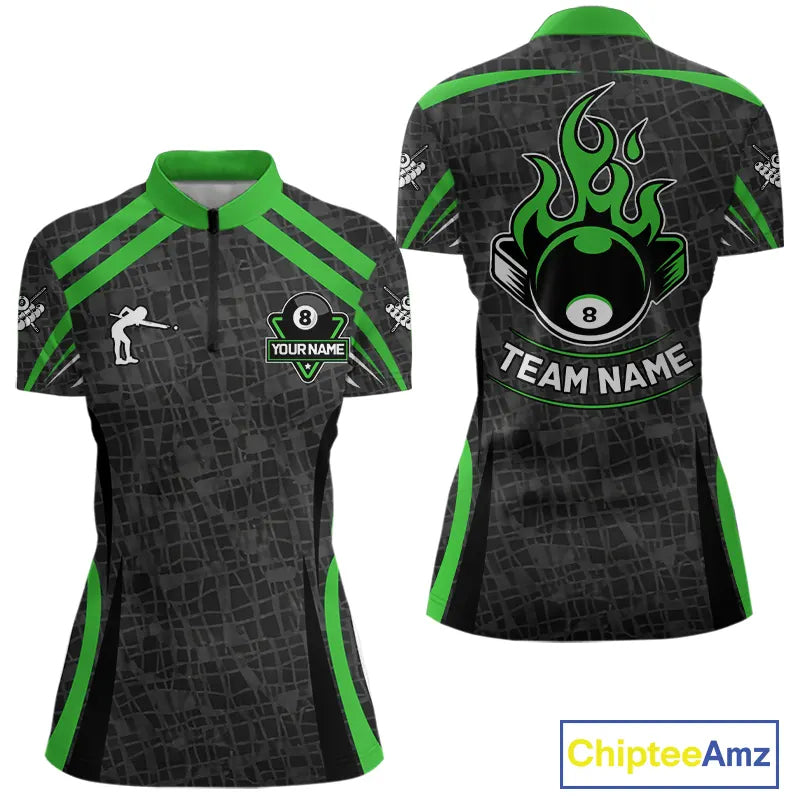 Black And Green 8 Ball Flame Billiard Shirt For Women Custom Pool Team Shirt, Billiard Jersey TDM5792