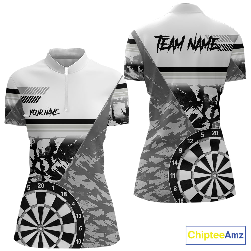 Custom Black And White Grunge Darts Shirt For Women, Darts Team Jersey Polo & 1/4 Zip TDM6143