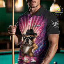 Load image into Gallery viewer, Man wearing a pink graffiti bulldog 8 ball billiard jersey beside a pool table front view.