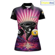 Load image into Gallery viewer, Pink graffiti tornado 8 ball and 9 ball billiard polo shirt for women with custom pool team graphics.