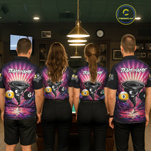 Load image into Gallery viewer, Back view of pool players wearing matching pink graffiti tornado billiard shirts in a game room.