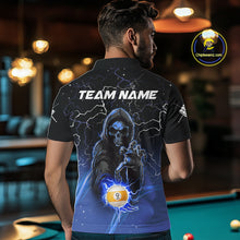 Load image into Gallery viewer, Back view of man wearing a blue grim reaper lightning 9 ball pool shirt in a billiards hall.