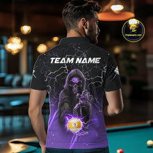 Load image into Gallery viewer, Back view of man wearing a purple grim reaper lightning 9 ball pool shirt in a billiards hall.