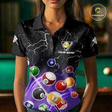Load image into Gallery viewer, Woman wearing a purple grim reaper lightning 9 ball billiard jersey beside a pool table front view.
