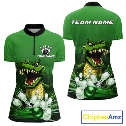 Personalized green funny alligator bowling team jersey quarter zip shirt for women featuring funny alligator bowling artwork, premium custom bowling apparel.