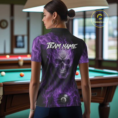 Purple Flaming Skull 8 Ball Fire Billiard Shirt For Women Custom Billiard Team Jersey Polo & 1/4 Zip TDM5062