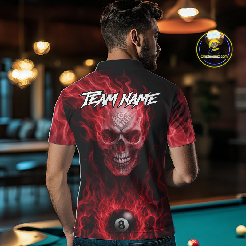 Red Flaming Skull 8 Ball Fire Billiard Shirt For Men Custom Billiard Team Jersey Polo & 1/4 Zip TDM5064