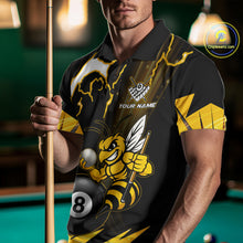 Load image into Gallery viewer, Man wearing a yellow black funny bee thunder lightning 8 ball custom billiard jersey front view, personalized pool team shirt.