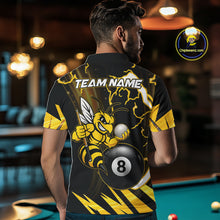 Load image into Gallery viewer, Back view of man wearing a yellow black funny bee thunder lightning 8 ball billiard team jersey, custom pool tournament shirt.