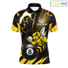 Load image into Gallery viewer, Yellow black funny bee thunder lightning 8 ball custom billiard polo shirt for men, personalized pool team jersey for tournaments.