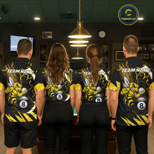 Load image into Gallery viewer, Back view of pool players wearing matching yellow black funny bee thunder lightning 8 ball billiard team shirts and custom pool jerseys.