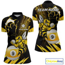 Load image into Gallery viewer, Yellow black funny bee thunder lightning 9 ball quarter zip billiard shirt for women, custom pool team jersey and tournament apparel.
