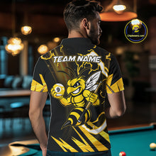 Load image into Gallery viewer, Back view of man wearing a yellow black funny bee 8 ball and 9 ball billiard team jersey, custom pool tournament shirt.