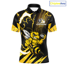 Load image into Gallery viewer, Yellow black funny bee 8 ball and 9 ball custom billiard polo shirt for men, personalized pool team jersey for tournaments.