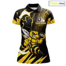Load image into Gallery viewer, Yellow black funny bee 8 ball and 9 ball custom billiard polo shirt for women, personalized pool team jersey for tournaments.