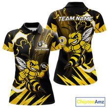 Load image into Gallery viewer, Yellow black funny bee 8 ball and 9 ball custom billiard polo shirt for women, personalized pool team jersey for tournaments.